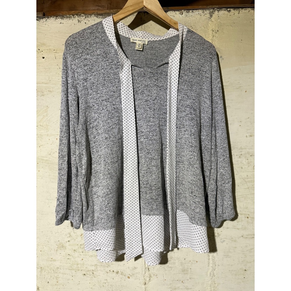 Faith and Joy Womens XL Grey Polka Dot Layered Look Knit Top Blouse Career Top